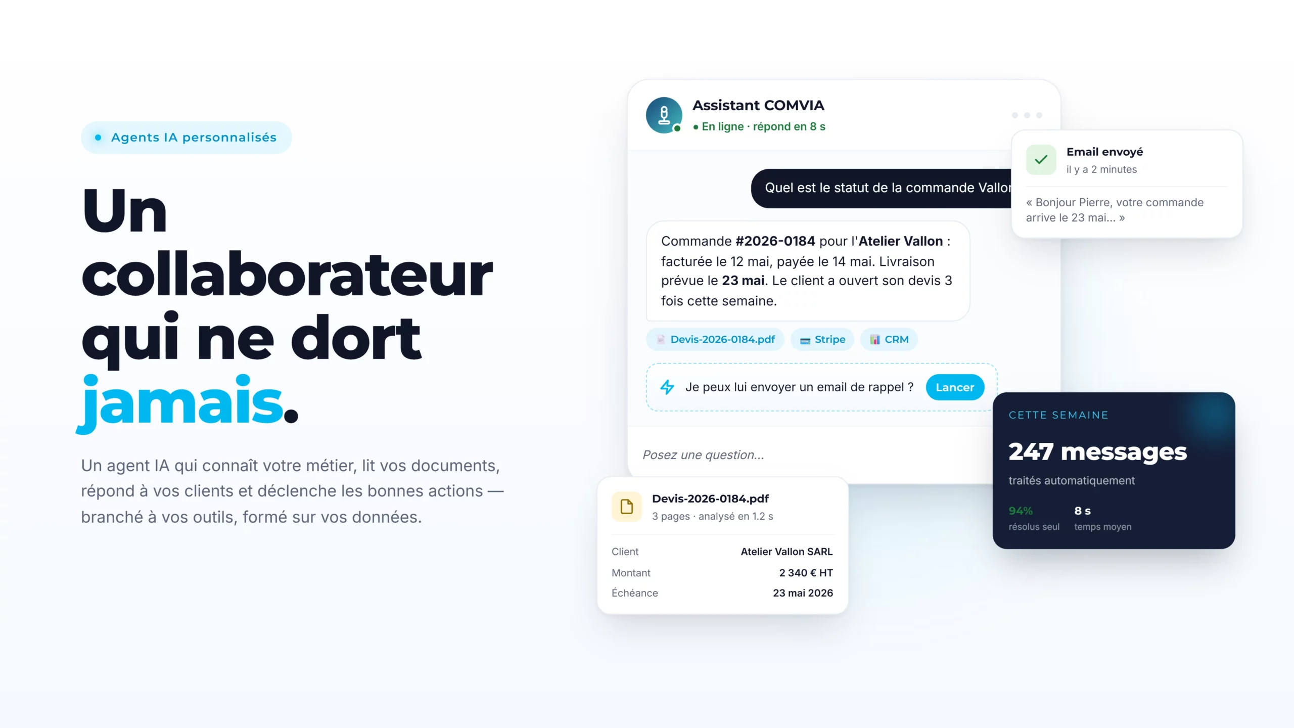 Agent IA entreprise sur mesure : assistant conversationnel COMVIA branché à vos outils, opérationnel 24h/24