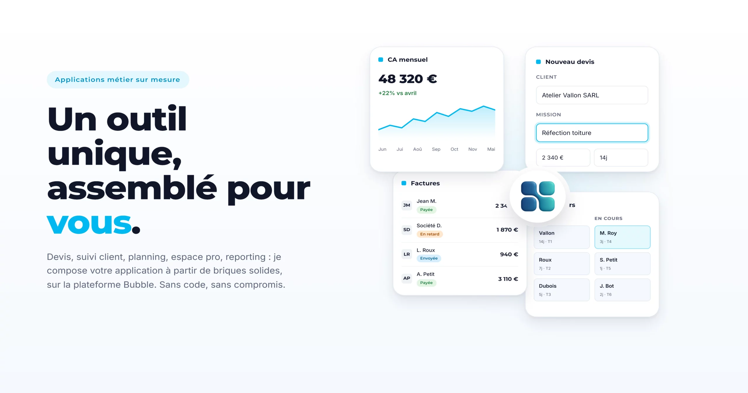 Application métier sur mesure construite avec Bubble par COMVIA — visualisation des modules CA mensuel, devis, factures et suivi clients pour indépendants et TPE